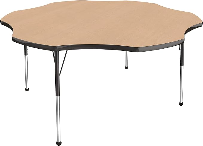 FDP Flower Activity School and Office Table (60 inch), Standard Legs with Ball Glides for Collaborative Seating Environments, Adjustable Height 19-30 inches - Maple Top and Black Edge