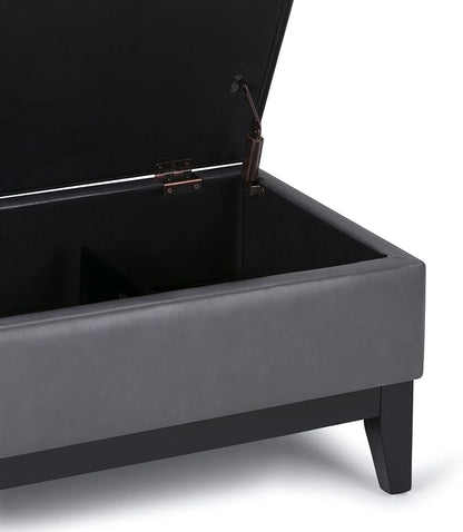 SIMPLIHOME Oregon Storage Ottoman Bench with Tray - 42 inch Wide Upholstered Vegan Leather Rectangle Storage Ottoman Bench in Stone Grey, Transitional Tufted Ottoman for Living Room with Lift-Up Lid