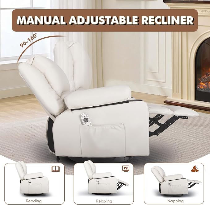 Leather Swivel Rocker Recliner Chair with Massage and Heat Overstuffed Manual Recliner Chairs with Cup Holders, Rocking Glider Chairs for Nursery White