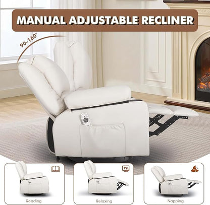 Leather Swivel Rocker Recliner Chair with Massage and Heat Overstuffed Manual Recliner Chairs with Cup Holders, Rocking Glider Chairs for Nursery White