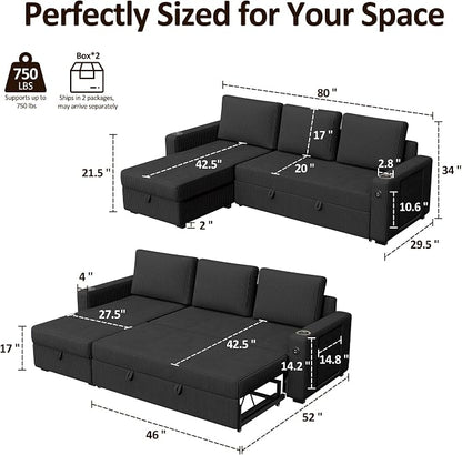 Ball & Cast 80" Sectional Sleeper Sofa Bed Pull Out Couches for Living Room | L Shaped Convertible Pull Out Sofa Bed with Storage Chaise, Foldable Table, USB Port, Cup Holder, Side Pocket for Small Space