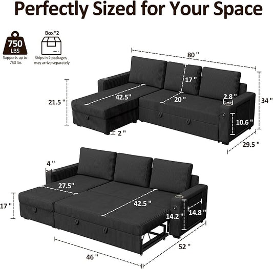 Ball & Cast 80" Sectional Sleeper Sofa Bed Pull Out Couches for Living Room | L Shaped Convertible Pull Out Sofa Bed with Storage Chaise, LED Lights, Foldable Table, USB Ports, Cup Holder and Side Pocket