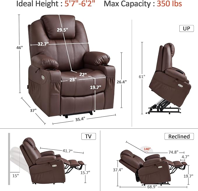 MCombo Large Power Lift Recliner Chair with Massage and Heat for Tall Elderly People, 3 Positions, Cup Holders, and USB Ports, Faux Leather 7516 (Large, Light Brown)