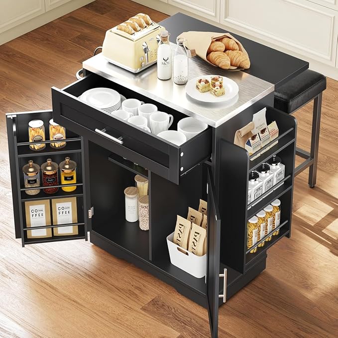 Concho 41'' Kitchen Island with Seating and Stainless Steel Countertop, Rolling Kitchen Carts on Wheels with Folding Drop Leaf, Bar Stool, Power Outlet, Spice/Towel Rack, Black