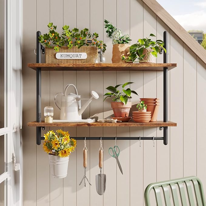 Bestier Pipe Shelf Industrial Floating Shelving 31" Kitchen Wall-Mounted Shelf with Towel Bar Hooks Coffee Bar Shelves Wine Hanging Display Rack Bookshelf Living Room Decor Bathroom-Rustic Brown