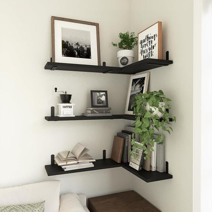 WOPITUES Wood Floating Shelves Set of 6, Shelves for Wall Decor, Farmhouse Shelf for Bedroom, Bathroom Storage Shelves, Book Shelves for Living Room-Black