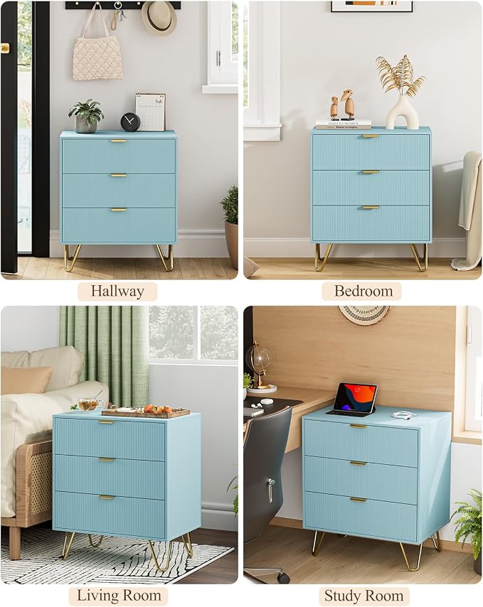 Blue Dresser for Bedroom, Modern Fluted 3 Drawer Dresser with Storage, Dresser Chest of Drawers with Gold Handles for Bedroom, Living Room, Closet, Hallway, 15.8" D x 23.6" W x 27.6" H