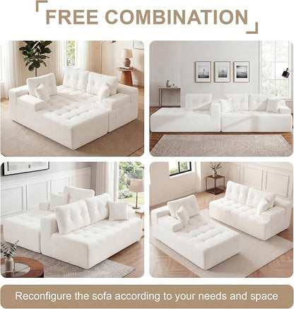 Hobestluk Modular Sectional Sofa Couches L-Shape Couch 3 Seat Modular Sofa Memory Foam Sectional Couches for Living Room, Cloud Couch with Oversized Chaise (White Tufted, 108", Left Hand Facing)