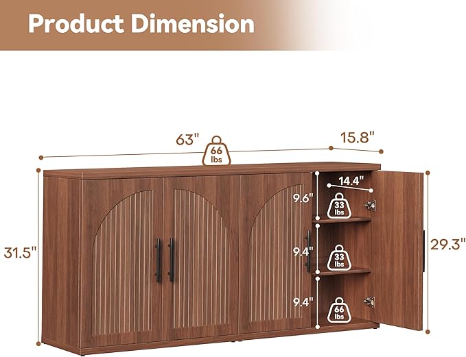 MapleGrace 63" Fluted Buffet Cabinet with Storage, Mid-Century Symmetrical Arched Sideboard Credenza with Adjustable Shelf, Large Wood Console Table for Dining Room, Kitchen, and Living Room (Walnut)