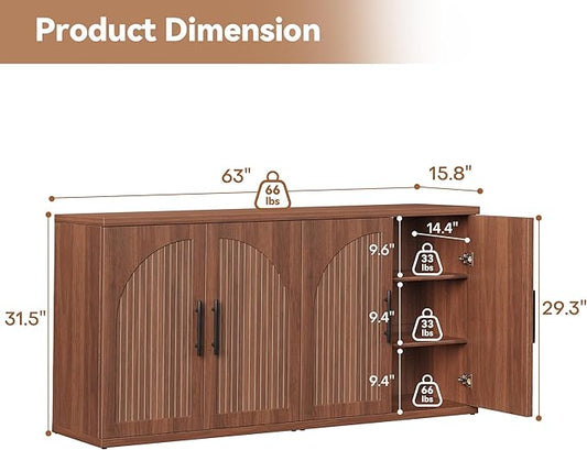 MapleGrace 63" Fluted Buffet Cabinet with Storage, Mid-Century Symmetrical Arched Sideboard Credenza with Adjustable Shelf, Large Wood Console Table for Dining Room, Kitchen, and Living Room (Walnut)