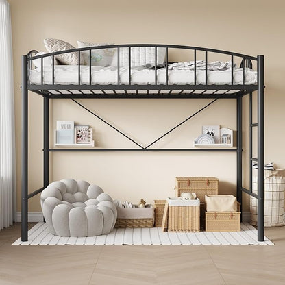 GarveeHome Loft Bed Twin Size, Heavy Duty Metal Loft Bed Frame with Arched Guardrail and Safety Ladder, Space-Saving, No Box Spring Needed, Modern Black