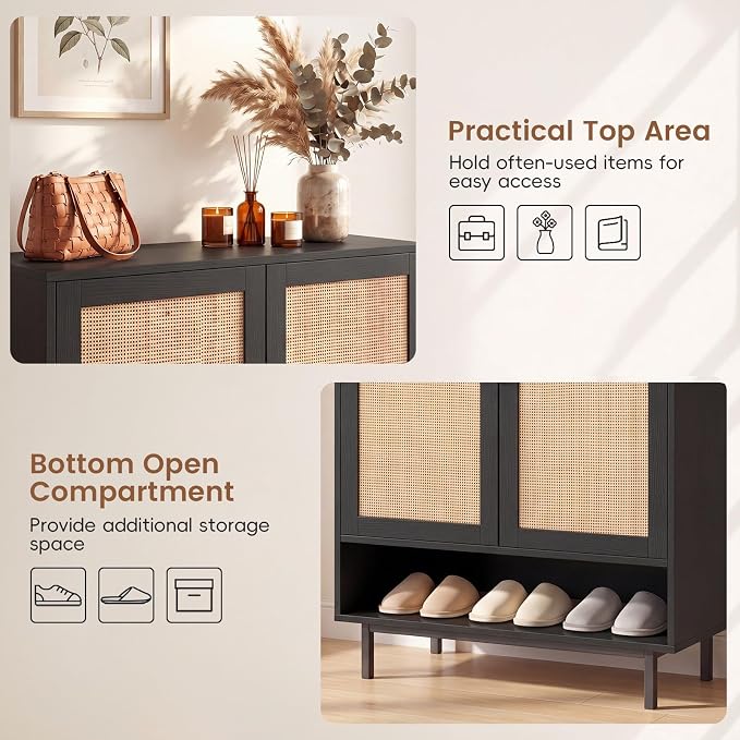 LOKO Shoe Storage Cabinet with 2 Doors, 6-Tier Rattan Shoe Organizer with Adjustable Shelves & Open Compartment, Freestanding Hidden Shoe Cabinet for Entryway, Closet & Living Room (Black)