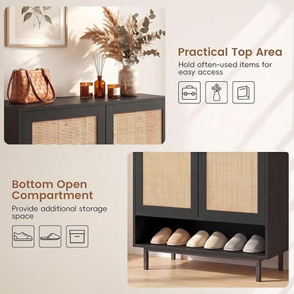 LOKO Shoe Storage Cabinet with 2 Doors, 6-Tier Rattan Shoe Organizer with Adjustable Shelves & Open Compartment, Freestanding Hidden Shoe Cabinet for Entryway, Closet & Living Room (Black)