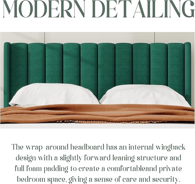 alazyhome Platform Bed Frame Full Size with Upholstered Headboard, Solid Wood Slats Support, No Box Spring Needed, Noise Free, Easy Assembly, Modern Velvet Bed, Green