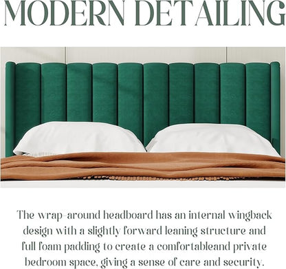 alazyhome Platform Bed Frame King Size with Upholstered Headboard, Solid Wood Slats Support, No Box Spring Needed, Noise Free, Easy Assembly, Modern Velvet Bed, Green