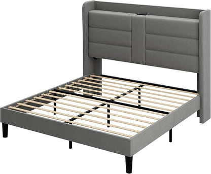 Allewie Queen Size Platform Bed Frame with Charging Station & Storage Headboard, Upholstered Velvet Wingback Design & USB Port, Strong Wooden Slats Support, No Box Spring Needed, Easy Assembly, Grey