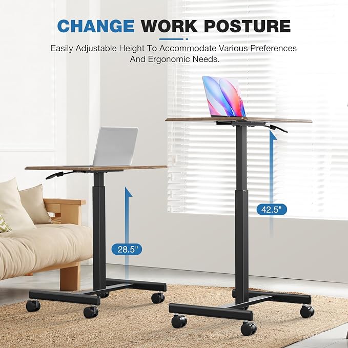 OLIXIS Mobile Rolling Desk with Wheels Small Standing Laptop Desks Portable Pneumatic Adjustable Height Sit Stand Table Computer Workstation for Home Office Rustic Brown
