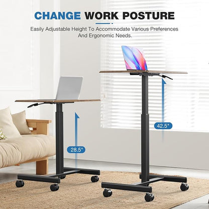 OLIXIS Mobile Rolling Desk with Wheels Small Standing Laptop Desks Portable Pneumatic Adjustable Height Sit Stand Table Computer Workstation for Home Office Rustic Brown