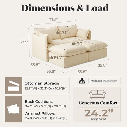 Cloud Modular Loveseat Lounge, Oversized Deep Seat, Luxe Chenille | Fully Removable Washable Covers, Memory Foam Seat Cushions, Storage Ottoman, Premium Fabric
