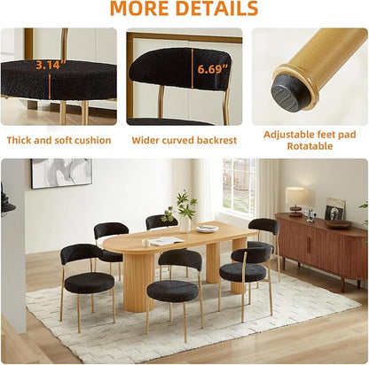 SoarFlash Dining Chairs, Black Boucle Dining Chairs Set of 6, Kitchen Dining Room Chairs Curved Backrest Upholstered Mid Century Modern Chairs with Golden Metal Legs