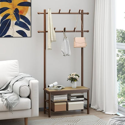 Giantex 3-in-1 Hall Tree with Bench and Shoe Storage, Bamboo Coat Rack Freestanding w/PE Rattan Bench, 11 Hanging Rods, 3 Tier Shoe Rack, Narrow Mudroom Storage Organizer for Entryway Bedroom, Brown