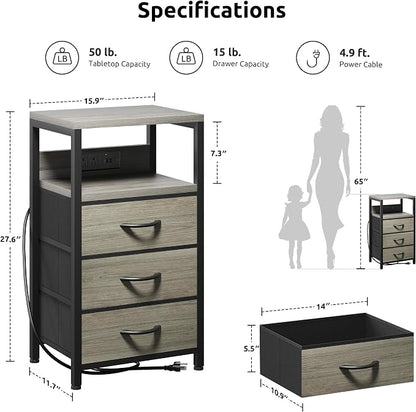 Lazzanto NightStand Bedside Charging Table Bedroom - Night Stand with Charger Station, Modern Nightstand with Open Shelf & 3 Fabric Drawers, End Table with USB-C USB Ports & AC Outlets for Dorm, Grey