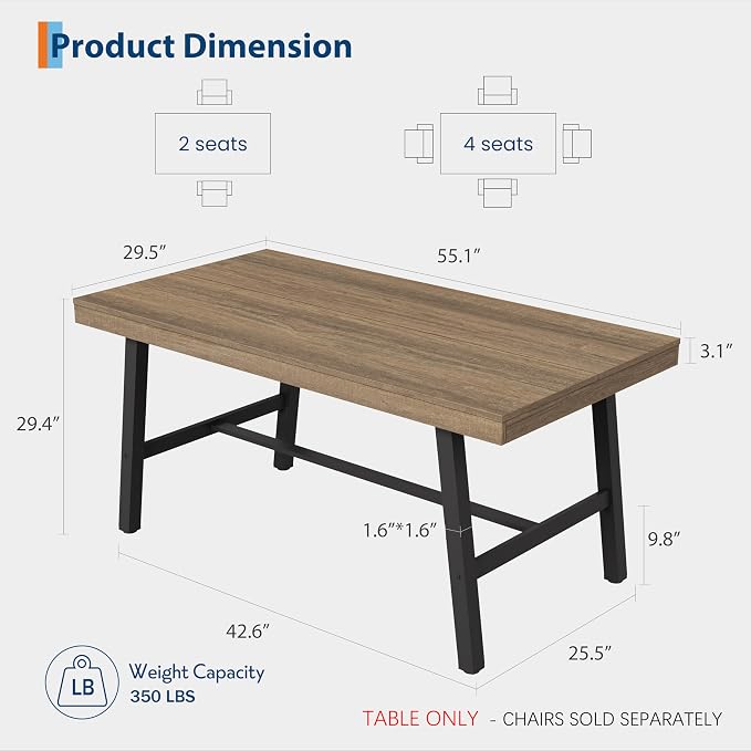 GarveeHome Industrial Dining Table for 2-4, 55" Heavy Duty Rectangular Kitchen Table with 2"×2" Metal Legs, Small Space Dining Table for Kitchen, Dining Room (Rustic Pear, 55" Non-extendable)