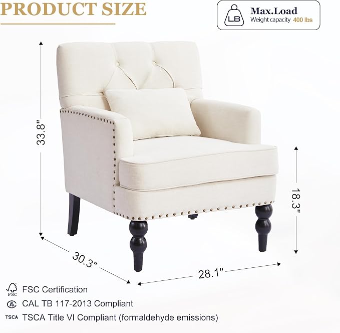 HUIMO Tufted Club Chair Set of 2 with Lumbar Pillow,Accent Chair Upholstered Button Armchair, Linen Fabric Sofa Chairs for Bedroom, Living Room, Mid Century Modern Reading Chair,Beige