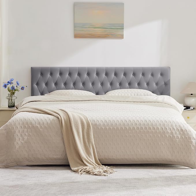 Tufted Upholstered Twin Size Velvet Headboard in Modern Button Design, Adjustable Solid Wood Head Board, Premium Sponge Padded Headboards in Bedroom (Gray)