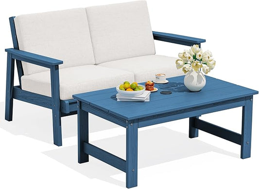 SERWALL Outdoor Loveseat, Blue Frame and Khaki Cushion