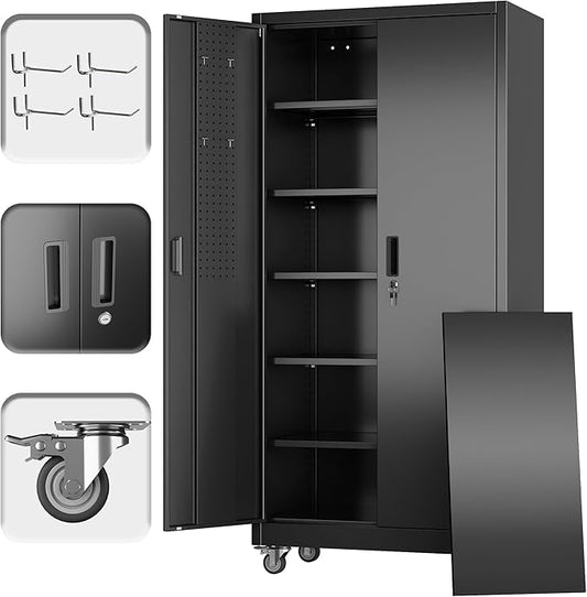 Metal Garage Storage Cabinet with Wheels, Lockable Steel Organizer with Pegboard Doors & 5 Adjustable Shelves for Garage, Warehouse, 71x32x16 Inches, Black, Assembly Required