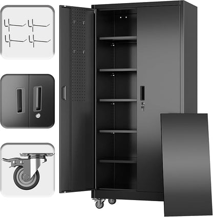 SUXXAN Metal Storage Cabinet with Wheels and Pegboard, 71" Tall Industrial Heavy Duty Steel Cabinet with 5 Adjustable Shelves & Locking Doors for Garage, Office, Pantry, Warehouse, Black