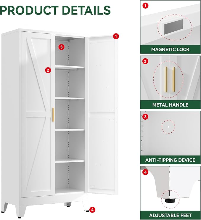 Kitchen Pantry Cabinet,71" H x 31.5" W,Metal Farmhouse Storage Cabinet with Adjustable Shelves and Barn Doors,5-Tier Storage Cabinet for Kitchen Dining Room Garage,White 1 Pack