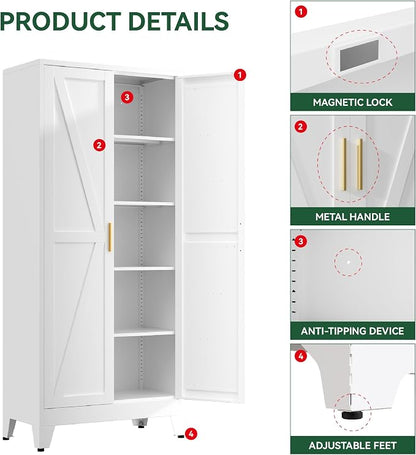 Kitchen Pantry Cabinet,71" H x 31.5" W,Metal Farmhouse Storage Cabinet with Adjustable Shelves and Barn Doors,5-Tier Storage Cabinet for Kitchen Dining Room Garage,White 1 Pack