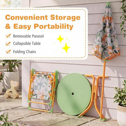 Costzon Kids Picnic Table, Kids Outdoor Table with 2 Folding Chairs, Height Adjustable Umbrella, Portable Children Outdoor Furniture for Patio, Garden, Backyard (Yellow Forest)