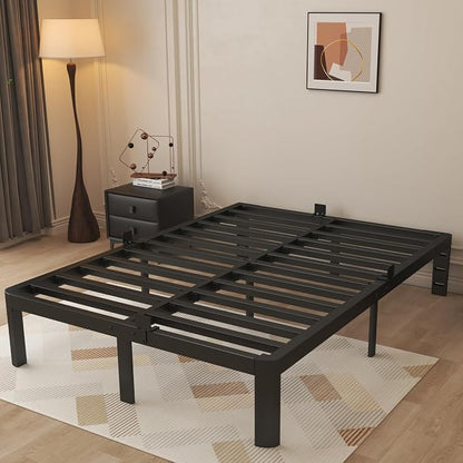 12 Inch Black Full Size Bed Frame with Baffles, Metal Full Bed Frame No Box Spring Need, Heavy Duty Steel Platform Support, Reserved Holes, Round Corner Legs, Storage Space, Noiseless