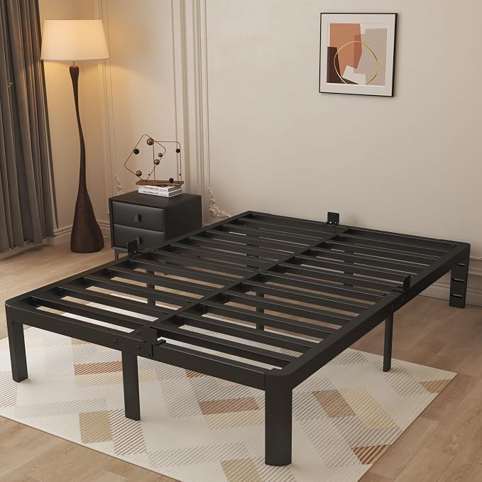12 Inch Queen Bed Frame with Metal Gaskets, Black Bed Frame Queen Size No Box Spring Need, Heavy Duty Steel Platform Support to 3500LBS, Round Corner Design, Reserved Holes, Noiseless