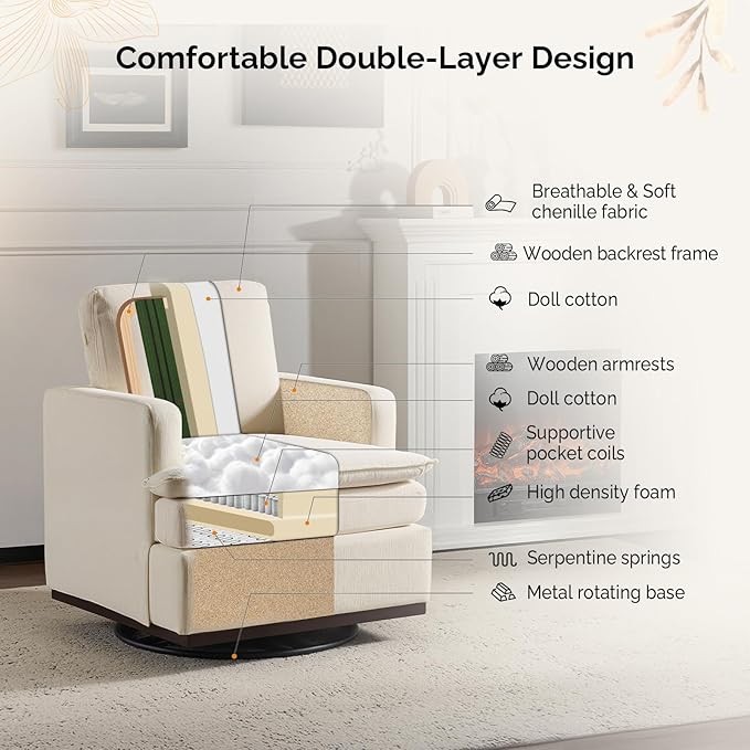 VINGLI Mid-Century Modern Single Swivel Armchair, 360° Swivel Accent Chair, Double-Layer Seat Cushions, Upholstered Square Club Chair for Living Room, Bedroom, Reading Room,Chenille Beige