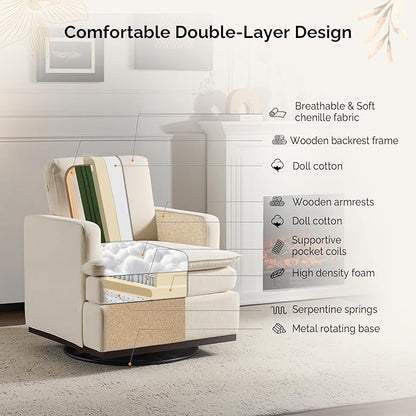 VINGLI Mid-Century Modern Single Swivel Armchair, 360° Swivel Accent Chair, Double-Layer Seat Cushions, Upholstered Square Club Chair for Living Room, Bedroom, Reading Room,Chenille Beige