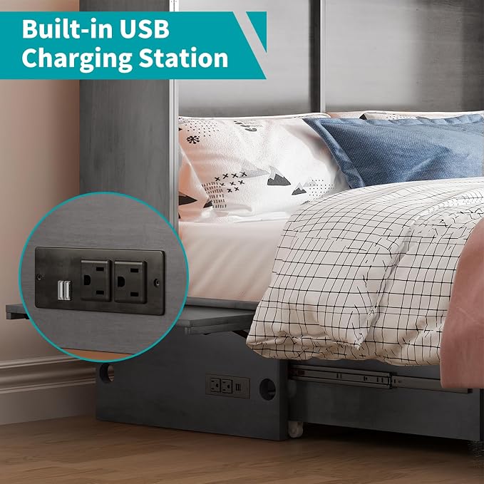 BALUS Queen Murphy Bed, Cabinet Bed with Built-in USB Ports & Storage Drawers, Wood Hidden Wall Beds, Modern Murphy Beds Cabinet Guest Beds for Bedroom/Living Room - (Dark Grey)