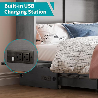 BALUS Queen Murphy Bed, Cabinet Bed with Built-in USB Ports & Storage Drawers, Wood Hidden Wall Beds, Modern Murphy Beds Cabinet Guest Beds for Bedroom/Living Room - (Dark Grey)