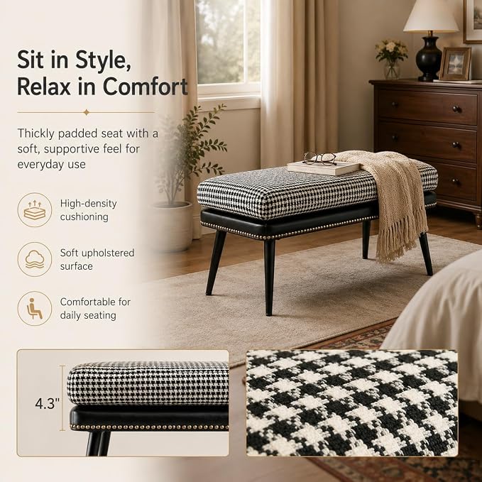 Forteek 32" Retro Upholstered Entryway Bench, Shoe Bench with Cushion | Leather & Fabric Padded Bench, End of Bed Bench for Bedroom, Dining Bench for Living Room, Storage Bench for Hallway & Foyer