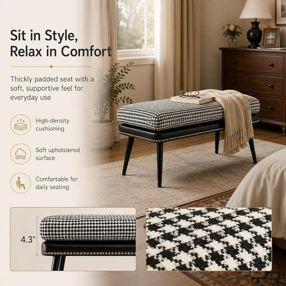 Forteek 32" Retro Upholstered Entryway Bench, Shoe Bench with Cushion | Leather & Fabric Padded Bench, End of Bed Bench for Bedroom, Dining Bench for Living Room, Storage Bench for Hallway & Foyer