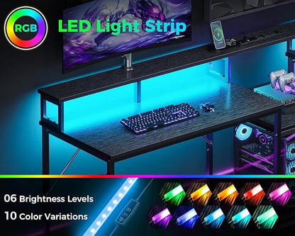 Casaottima 98 Inch 2 Person Gaming Desk with Storage Shelves, Long Double Home Office Computer Writing Desks with USB Charging Port & LED Lights, Monitor Stand, Modern Study/Work Table,Black