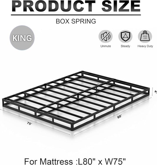 OSASET King Box Spring, 4 Inch Metal King Size Box Spring Only, Heavy Duty Metal Frame Mattress Foundation Support for 3000lbs, Easy Assembly, Noise Free, Non Slip