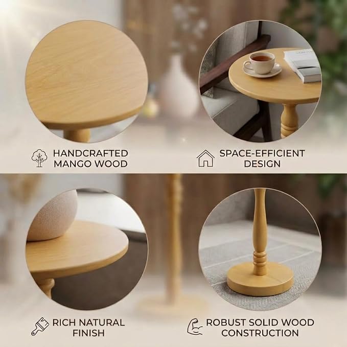 Relso Stambha Solid Wood Drink Table - 24" Tall Round Accent Side Table, Handcrafted Natural Finish, Mango Wood, Perfect for Living Room, Bedroom or Indoor Plant Stand, 12" Compact Top