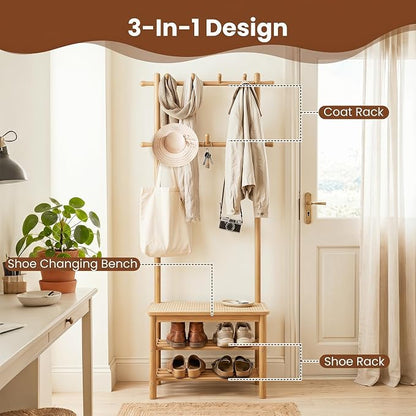 Giantex 3-in-1 Hall Tree with Bench and Shoe Storage, Bamboo Coat Rack Freestanding w/PE Rattan Bench, 11 Hanging Rods, 3 Tier Shoe Rack, Narrow Mudroom Storage Organizer for Entryway Bedroom,Natural