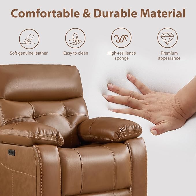 CANMOV Genuine Leather Power Reclining Sofa Set,Living Room Furniture Sofa Set,Power Recliner Chair,Loveseat and Sofa with Storage Console, USB Ports, Cup Holders for Living Room,Brown
