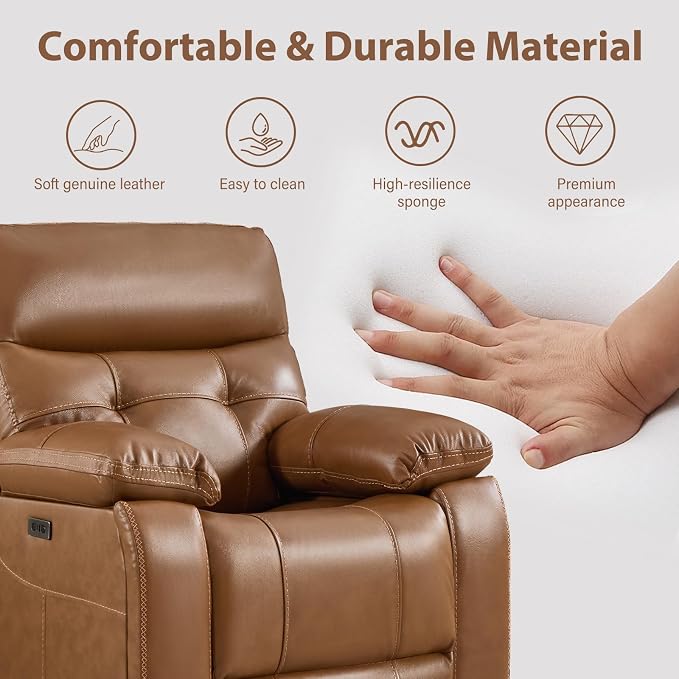 CANMOV Genuine Leather Power Recliner Sofa,3 Seater Reclining Sofa with Comfortable Arms and Back,Modern Electric Recliner Couch Set with Hidden Cup Holders,USB Port for Living Room,Brown