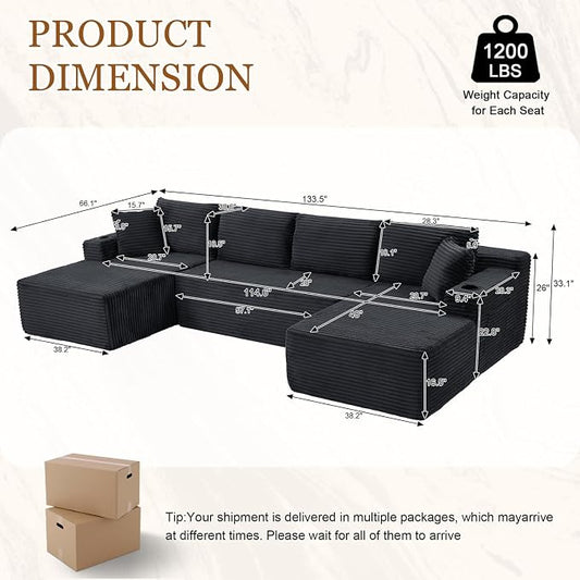 Modular Sectional Sleeper Sofa,134 Inch Boneless Cloud Couch for Living Room, U Shaped 5 Seat Sofa with 2 Storage Pockets& 2 Cup Holders, Free Combination, No Assembly Required (Dark Grey)